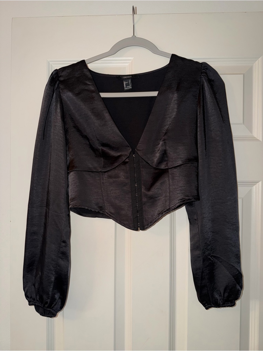 Forever 21 Black Satin V-Neck Corset Crop Top with Puff Sleeves